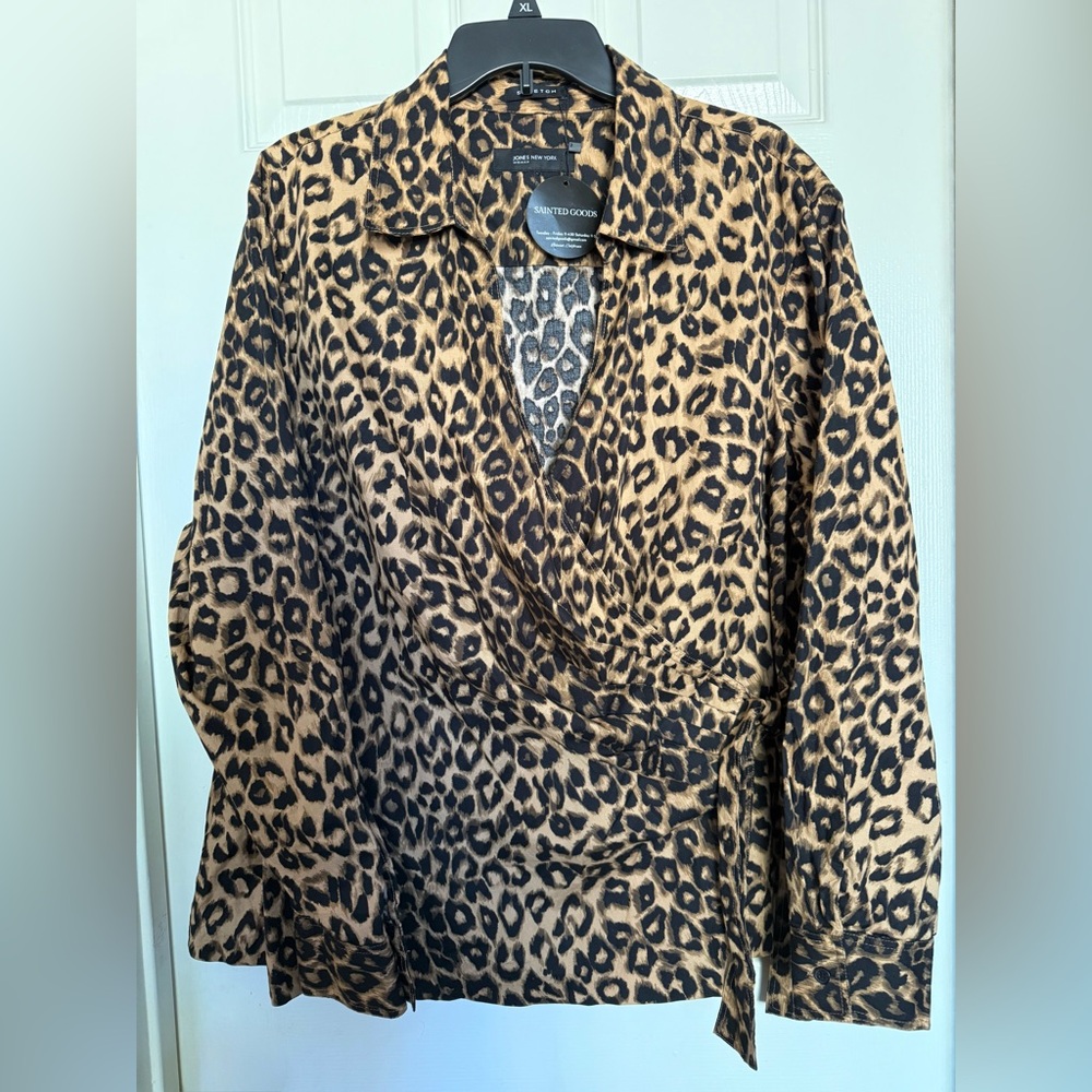 Jones New York Leopard Print Poplin Wrap Blouse